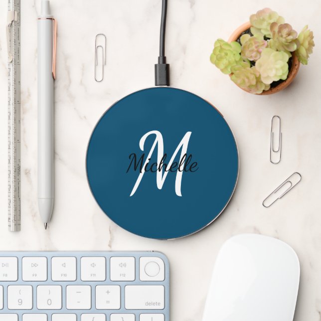 Simple Dark Blue Monogrammed Wireless Charger (Desk)