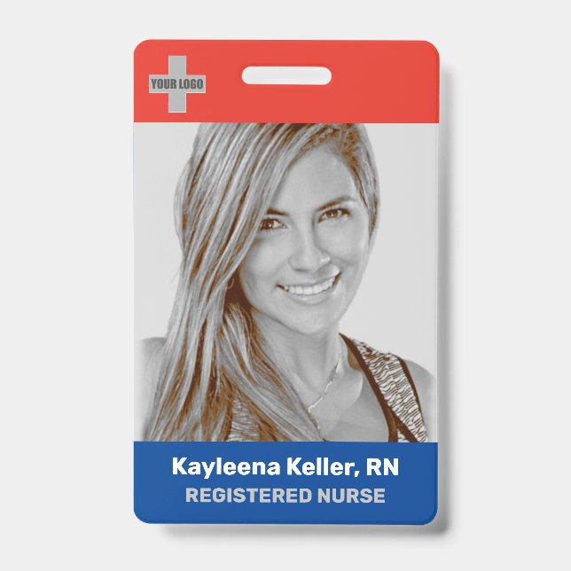 Simple Dark Blue Red Large Photo Logo Code Nurse Badge (Front)