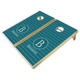 Simple Dark Blue Stripe Family Name Monogram Corn Cornhole Set