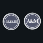 Simple Dark Blue Wedding Monogram Groom Cufflinks<br><div class="desc">The design features a circle outline on a dark midnight blue background with the wedding date and the couple's initials using a modern font typography. You can customize the background color to match your wedding theme.</div>