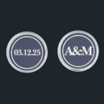 Simple Dark Blue Wedding Monogram Groom Cufflinks<br><div class="desc">The design features a circle outline on a dark midnight blue background with the wedding date and the couple's initials using a modern font typography. You can customize the background color to match your wedding theme.</div>