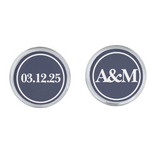 Simple Dark Blue Wedding Monogram Groom Cufflinks