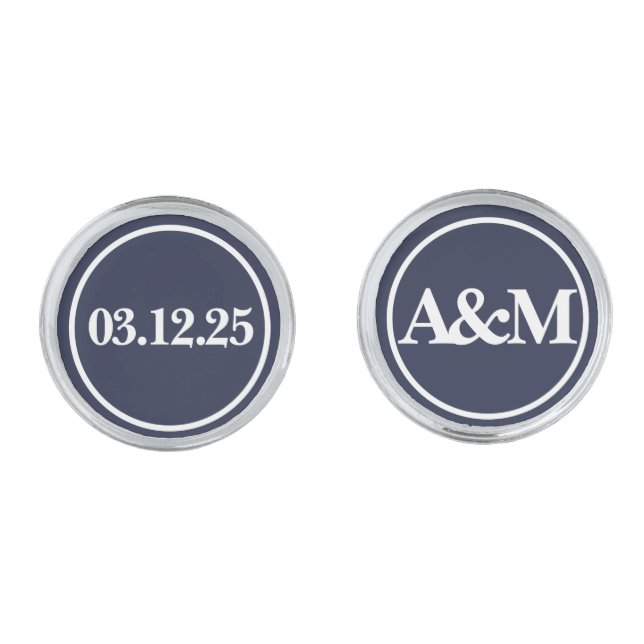 Simple Dark Blue Wedding Monogram Groom Cufflinks (Front)