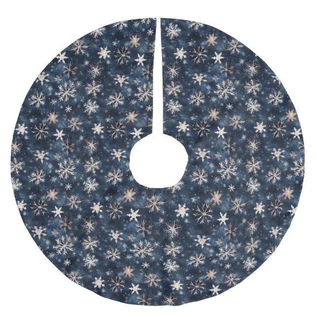 Simple Dark Blue with Snowflakes Brushed Polyester Tree Skirt (Front)