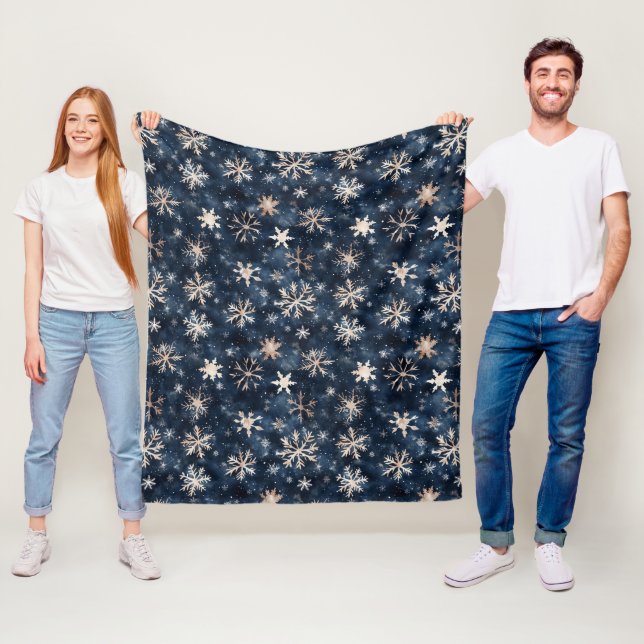 Simple Dark Blue with Snowflakes Fleece Blanket (In Situ)