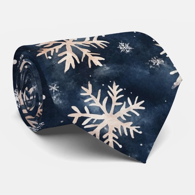 Simple Dark Blue with Snowflakes Neck Tie (Rolled)
