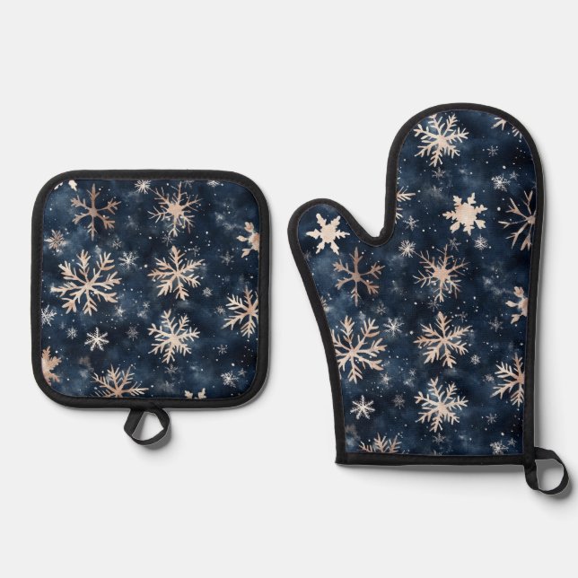 Simple Dark Blue with Snowflakes Oven Mitt & Pot Holder Set (Front)