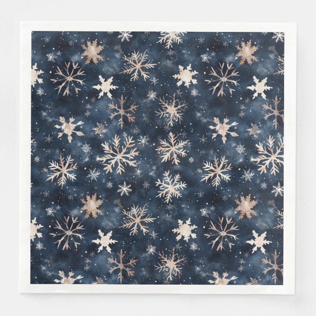 Simple Dark Blue with Snowflakes Paper Dinner Napkins (Front)