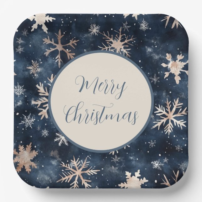 Simple Dark Blue with Snowflakes Paper Plates (Front)