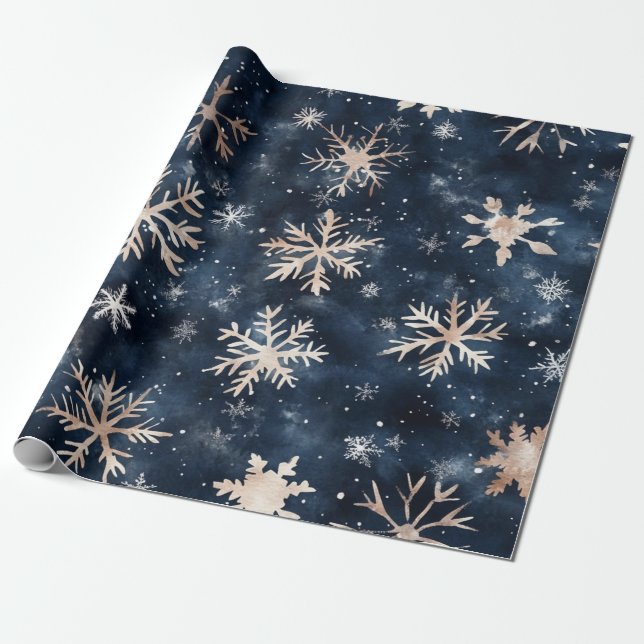 Simple Dark Blue with Snowflakes Wrapping Paper (Unrolled)