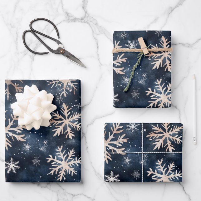 Simple Dark Blue with Snowflakes Wrapping Paper Sheets (Front)