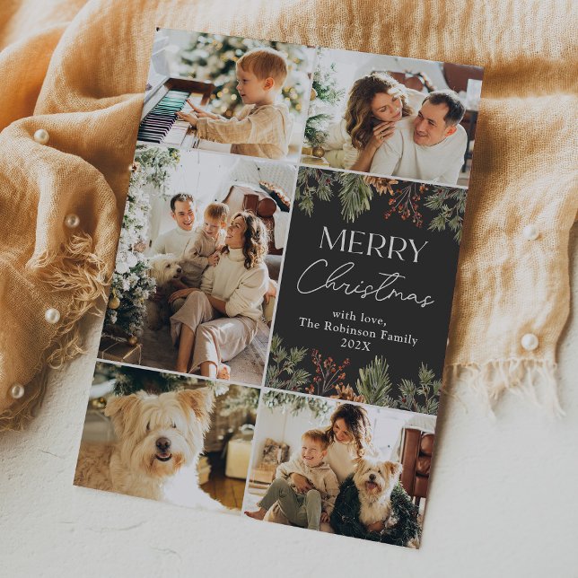 Simple Dark Boho 5 Photo Family Christmas Card (Creator Uploaded)