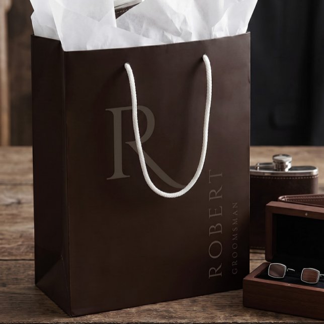 Simple Dark Brown Monogram Personalized Groomsmen Medium Gift Bag (Creator Uploaded)