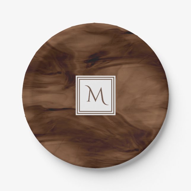 Simple Dark Brown Subtle Marble Modern Monogram Paper Plates (Front)