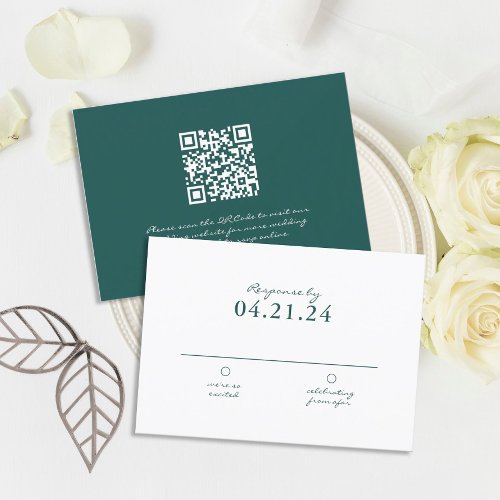 Simple Dark Emerald QR Code Wedding RSVP Card