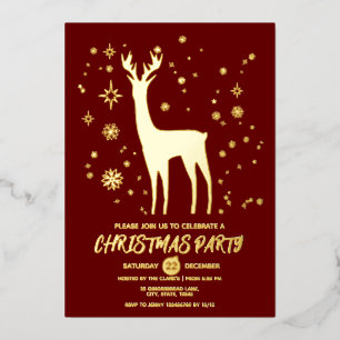 Simple Dark Festive Red and Gold Elegant Deer Xmas Foil Invitation
