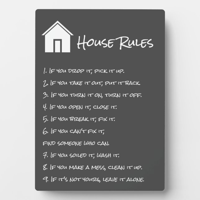 Simple Dark Gray and White House Rules Plaque (Front)