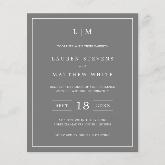 Simple Dark Gray Monogram Budget Wedding Invite (Front)