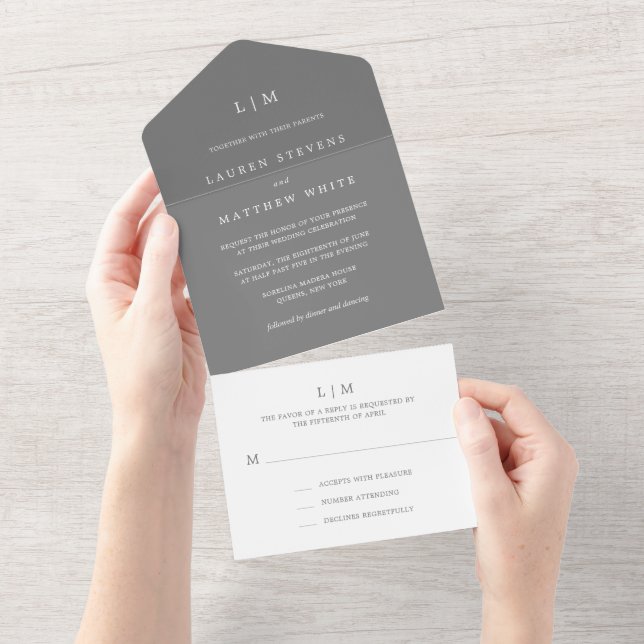 Simple Dark Gray Monogram Elegant Wedding All In One Invitation (Tearaway)