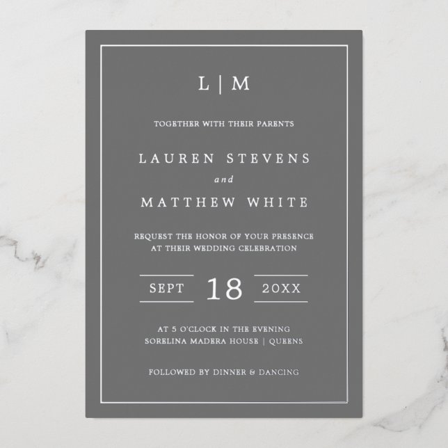 Simple Dark Gray Monogram Elegant Wedding Foil Invitation (Front)