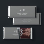 Simple Dark Gray Monogram Elegant Wedding Hershey Bar Favors<br><div class="desc">Simple personalized Hershey's Bar Wedding Favors featuring a modern yet elegant design with your two letter monogram along with your names and date in white over a medium gray background. The back has your personalized message. The font and background colors may be changed to any colors you wish by clicking...</div>