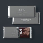 Simple Dark Gray Monogram Elegant Wedding Hershey Bar Favors<br><div class="desc">Simple personalized Hershey's Bar Wedding Favors featuring a modern yet elegant design with your two letter monogram along with your names and date in white over a medium gray background. The back has your personalized message. The font and background colors may be changed to any colors you wish by clicking...</div>