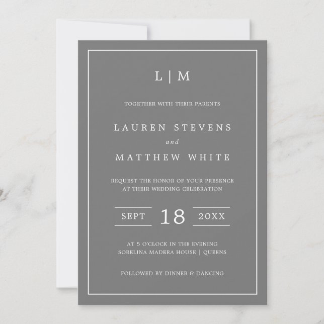 Simple Dark Gray Monogram Elegant Wedding Invitation (Front)