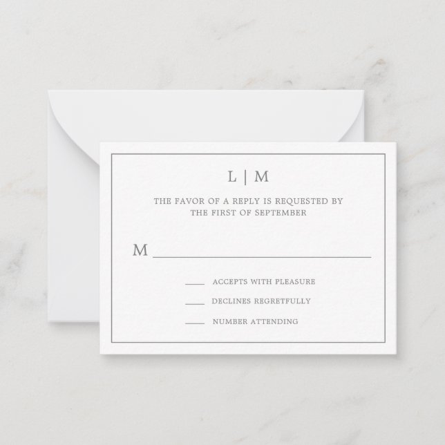Simple Dark Gray Monogram Mini Wedding RSVP Note Card (Front)