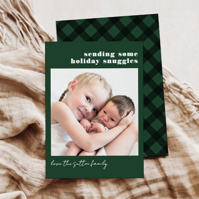 Simple Dark Green and Plaid Sending Some Snuggles Holiday Card (Creator Uploaded)