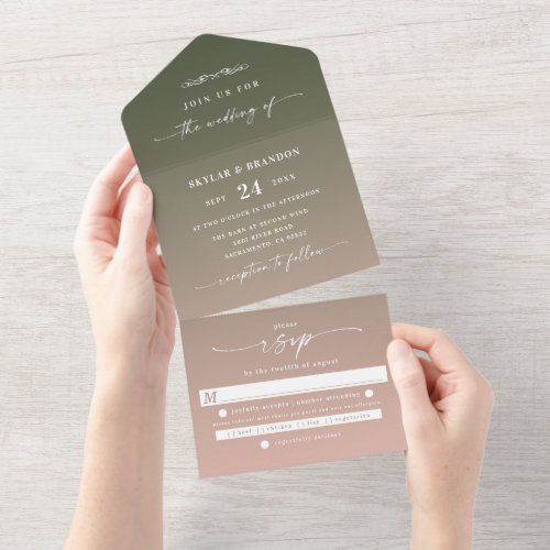 Simple Dark Green  Blush Pink Ombre Wedding All In One Invitation