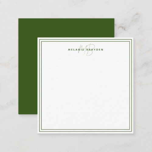 Simple Dark Green Minimalist Monogram Two Border Note Card