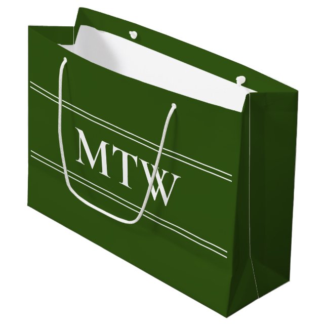Simple Dark Green with White Monogram Large Gift Bag (Front Angled)