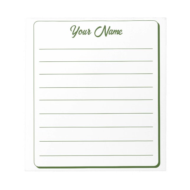 Simple Dark Green Your Name Lined Notepad (Front)