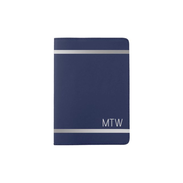 Simple Dark Midnight Blue Silver Monogram Initials Passport Holder (Front)