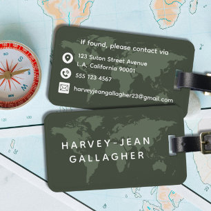 Simple Dark Military Green World Map Masculine Luggage Tag