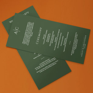 Simple Dark Moss Green Monogram Wedding Ceremony Program