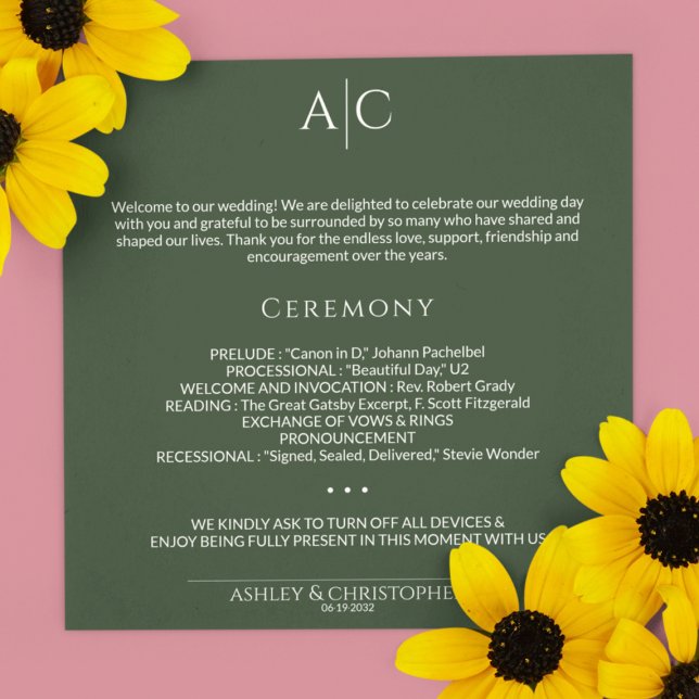 Simple Dark Moss Green Monogram Wedding Ceremony Program (Creator Uploaded)