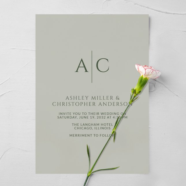 Simple Dark Moss & Sage Green Monogram Wedding Invitation (Creator Uploaded)