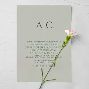 Simple Dark Moss & Sage Green Monogram Wedding Invitation