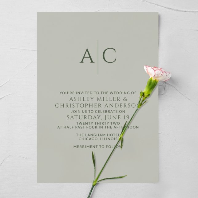 Simple Dark Moss & Sage Green Monogram Wedding Invitation (Creator Uploaded)