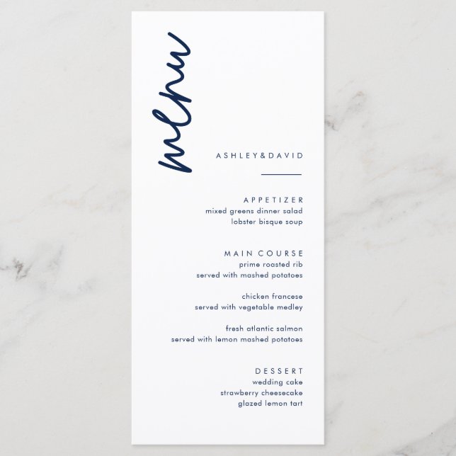 Simple Dark Navy Blue Wedding Menu Cards (Front)