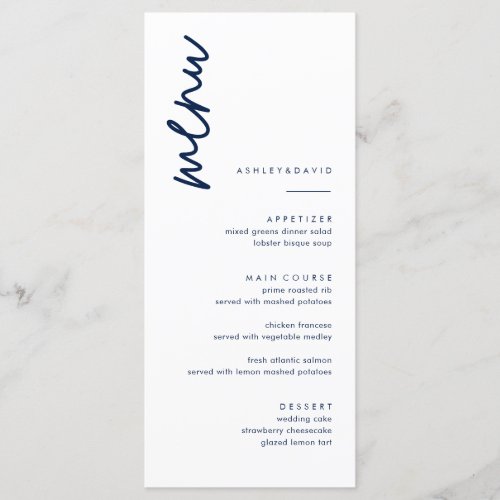 Simple Dark Navy Blue Wedding Menu Cards