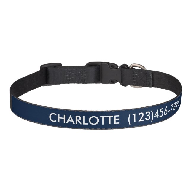Simple dark navy custom name contact Info modern Pet Collar (Front)