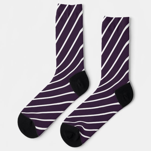 Simple Dark Purple and White Diagonal Stripes Socks (Left)