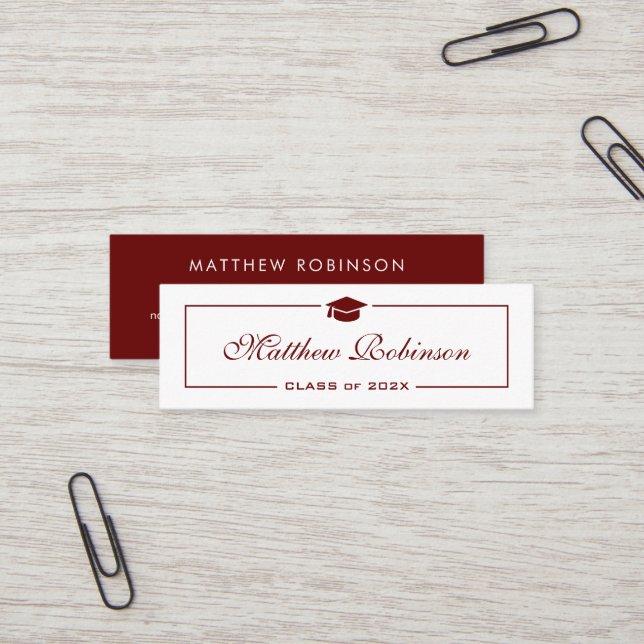 Simple Dark Red and White Graduation Graduate Mini Business Card (Front/Back In Situ)