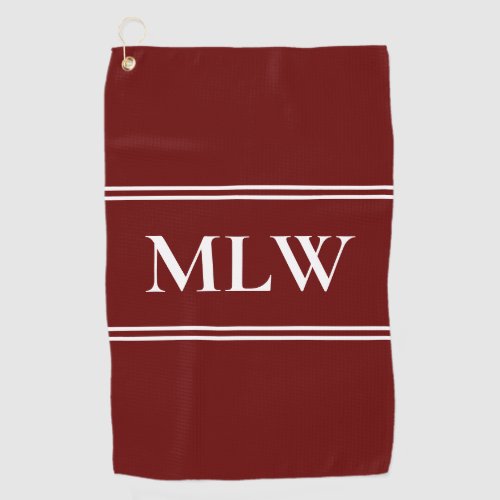 Simple Dark Red and White Monogram Template Golf Towel