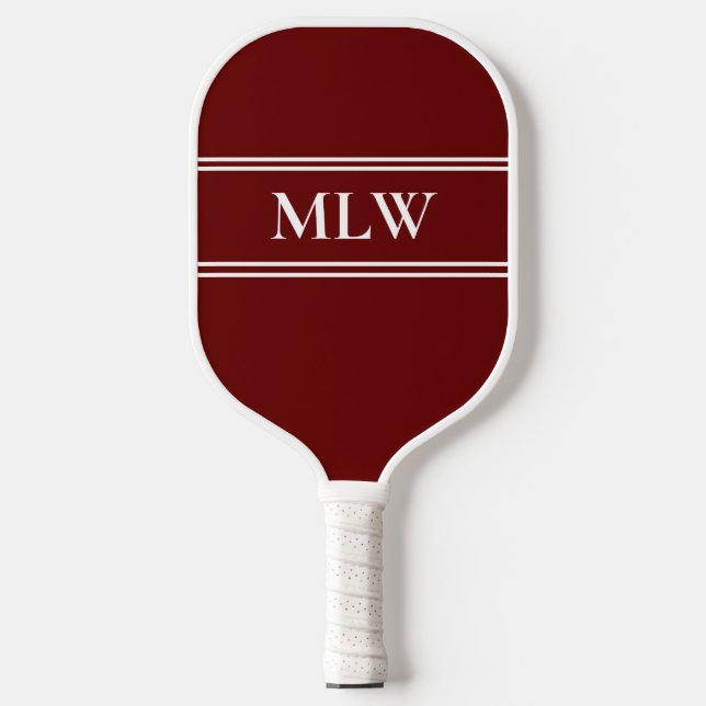 Simple Dark Red and White Monogrammed  Pickleball Paddle (Front)