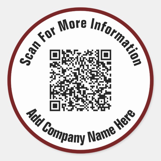 Simple Dark Red and White Text Scan QR Code  Classic Round Sticker (Front)