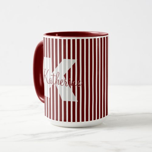 Simple Dark RedWhite Stripes Pattern Name Initial Mug