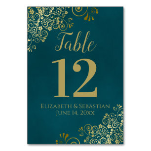 Simple Dark Teal and Gold Elegant Frilly Wedding Table Number